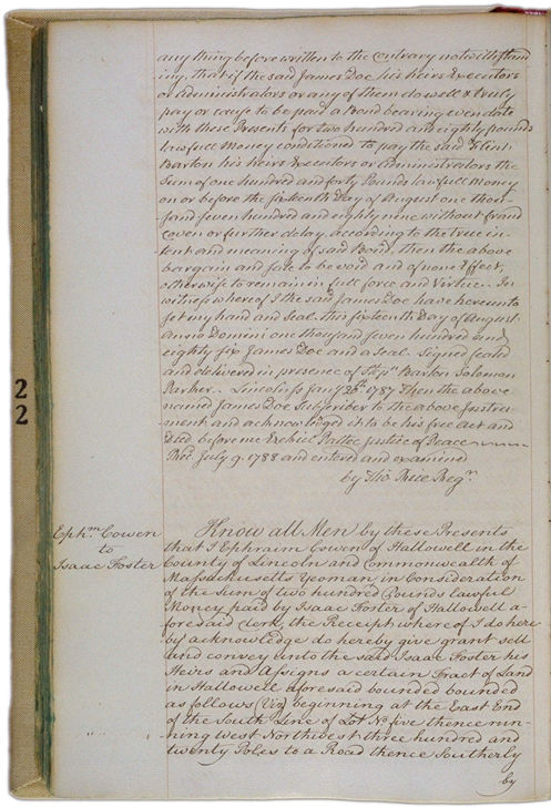Land deeds of Rev. Foster October 15, 1788 Page 139 (back). Choose 'View Text' (at top) for faster download.