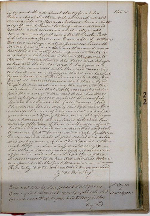 Land deeds of Rev. Foster October 15, 1788 Page 140. Choose 'View Text' (at top) for faster download.