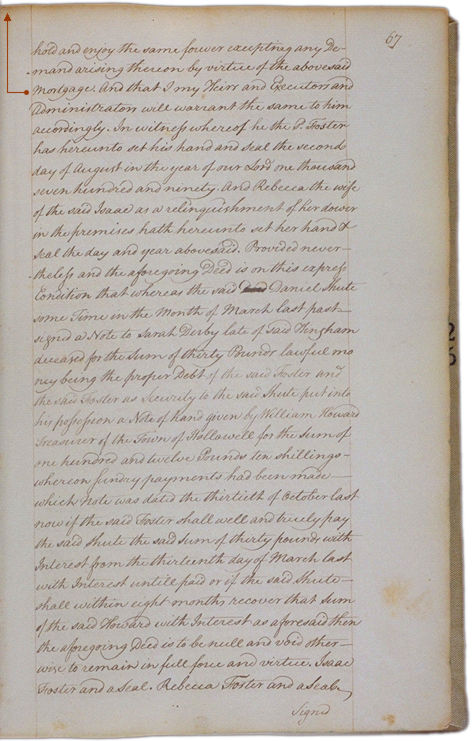 Land deeds of Rev. Foster August 2, 1790 Page 67. Choose 'View Text' (at top) for faster download.