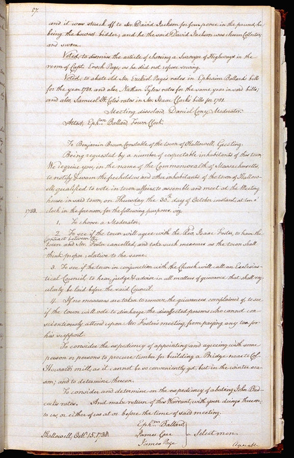 Hallowell Town Records (Transcription by John Sewall) folio 87 (September 9, 1788 meeting). Choose 'View Text' (at top) for faster download.