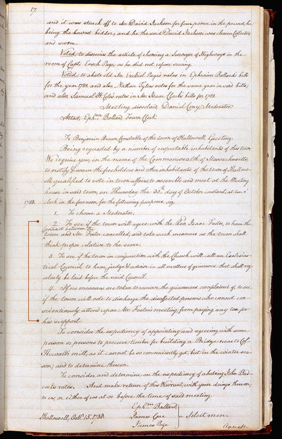 Hallowell Town Records (Transcription by John Sewall) folio 87 (October 30, 1788 meeting). Choose 'View Text' (at top) for faster download.