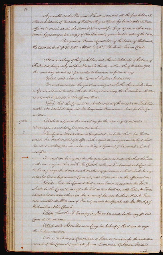 Hallowell Town Records (Transcription by John Sewall) folio 88 (October 30, 1788 meeting). Choose 'View Text' (at top) for faster download.