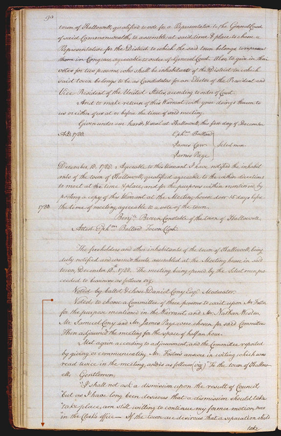Hallowell Town Records (Transcription by John Sewall) folio 90 (December 18, 1788 meeting). Choose 'View Text' (at top) for faster download.