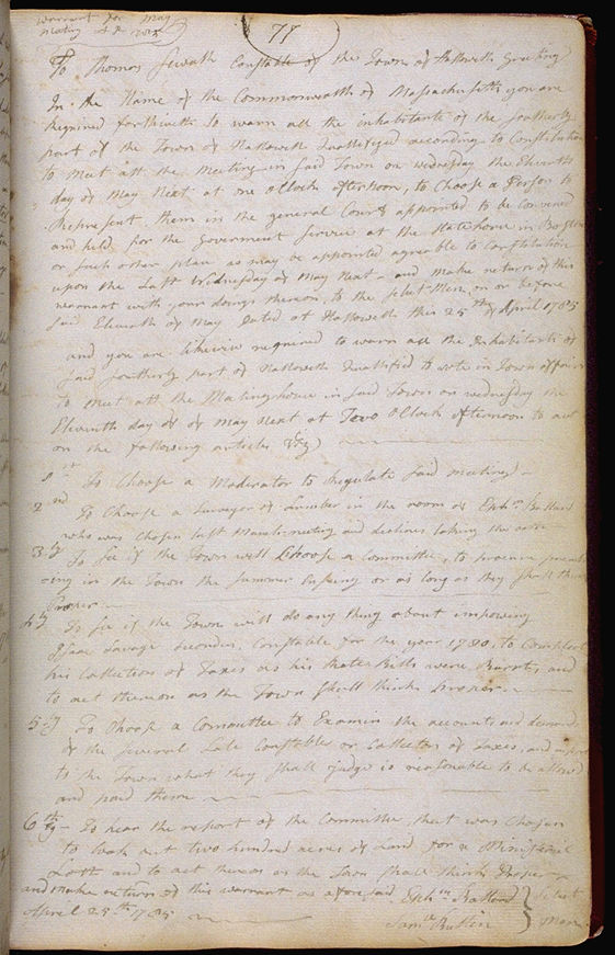 Hallowell Town Records (Original) folio 77 (May 11, 1785 meeting). Choose 'View Text' (at top) for faster download.