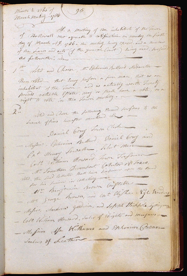 Hallowell Town Records (Original) folio 96 (March 6, 1786 meeting). Choose 'View Text' (at top) for faster download.