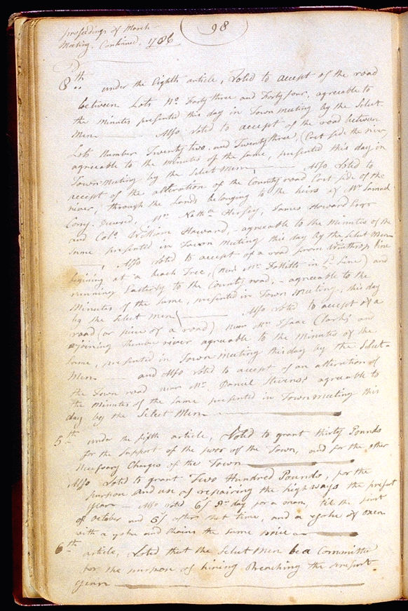 Hallowell Town Records (Original) folio 98 (March 6, 1786 meeting). Choose 'View Text' (at top) for faster download.