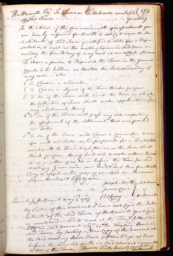Hallowell Town Records (Original) folio 172 (May 4, 1789 meeting). Choose 'View Text' (at top) for faster download.