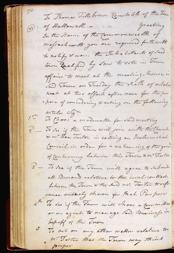 Hallowell Town Records (Original) folio 175 (October 6, 1789 meeting). Choose 'View Text' (at top) for faster download.