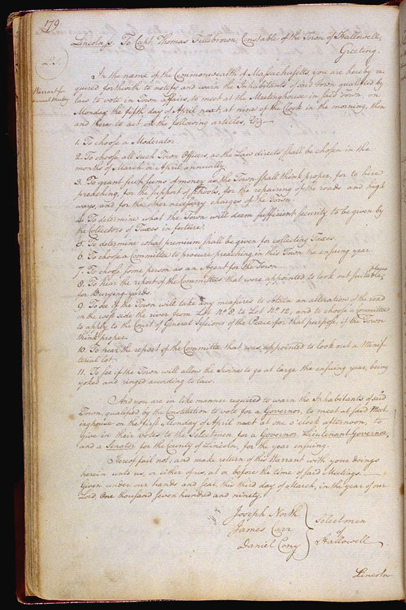Hallowell Town Records (Original) folio 179 (April 5, 1790 meeting). Choose 'View Text' (at top) for faster download.