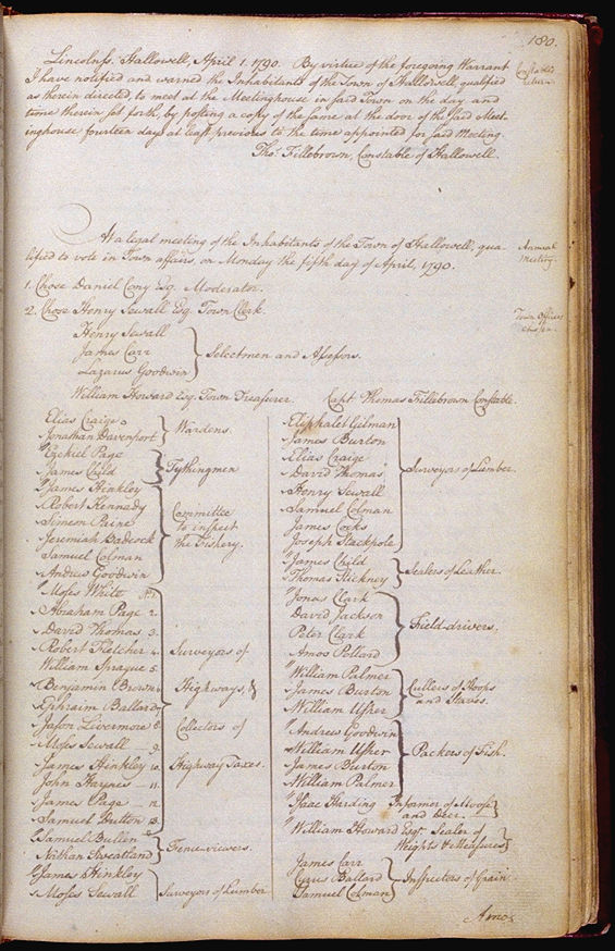 Hallowell Town Records (Original) folio 180 (April 5, 1790 meeting). Choose 'View Text' (at top) for faster download.