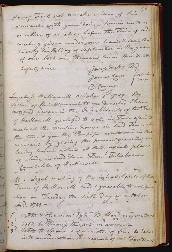 Hallowell Town Records (Original) folio 176 (October 6, 1789 meeting). Choose 'View Text' (at top) for faster download.