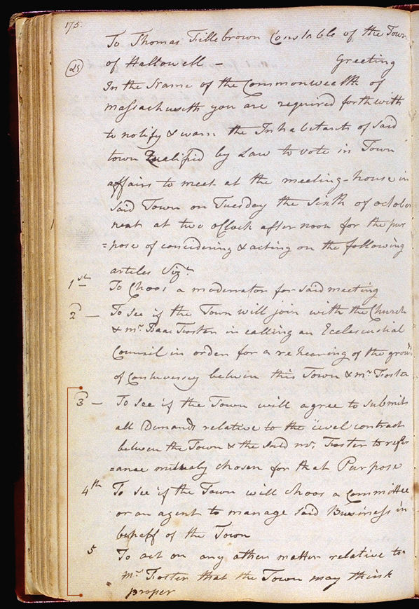 Hallowell Town Records (Original) folio 175 (October 6, 1789 meeting). Choose 'View Text' (at top) for faster download.