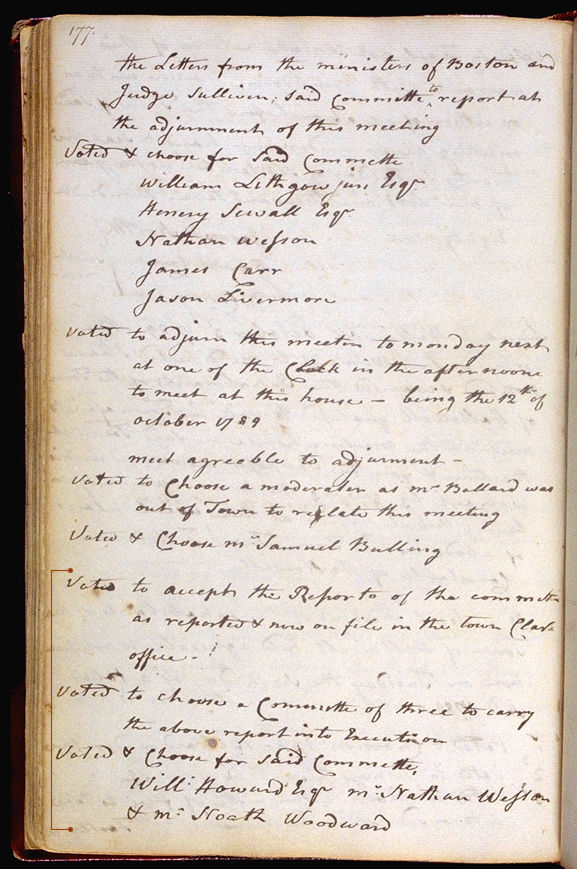 Hallowell Town Records (Original) folio 177 (October 12, 1789 meeting). Choose 'View Text' (at top) for faster download.