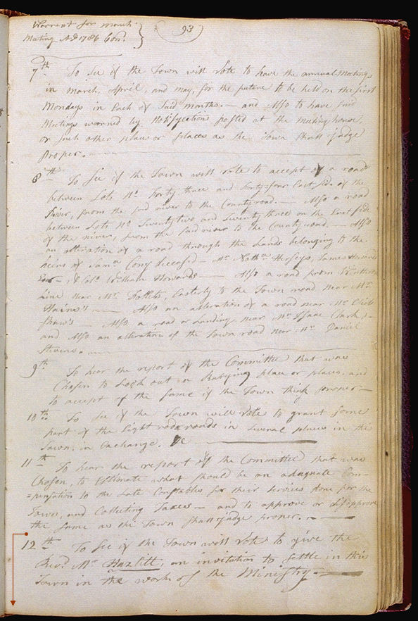 Hallowell Town Records (Original) folio 93 (March 6, 1786 meeting). Choose 'View Text' (at top) for faster download.