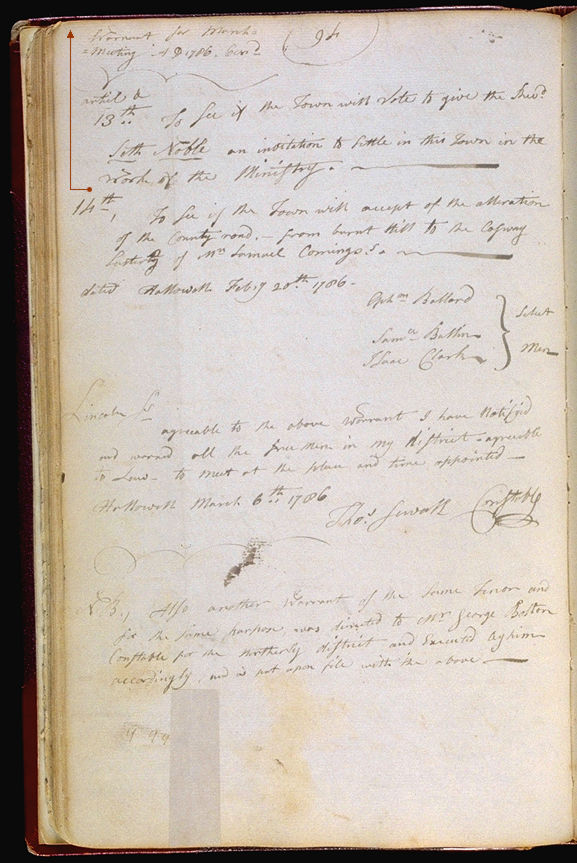 Hallowell Town Records (Original) folio 94 (March 6, 1786 meeting). Choose 'View Text' (at top) for faster download.