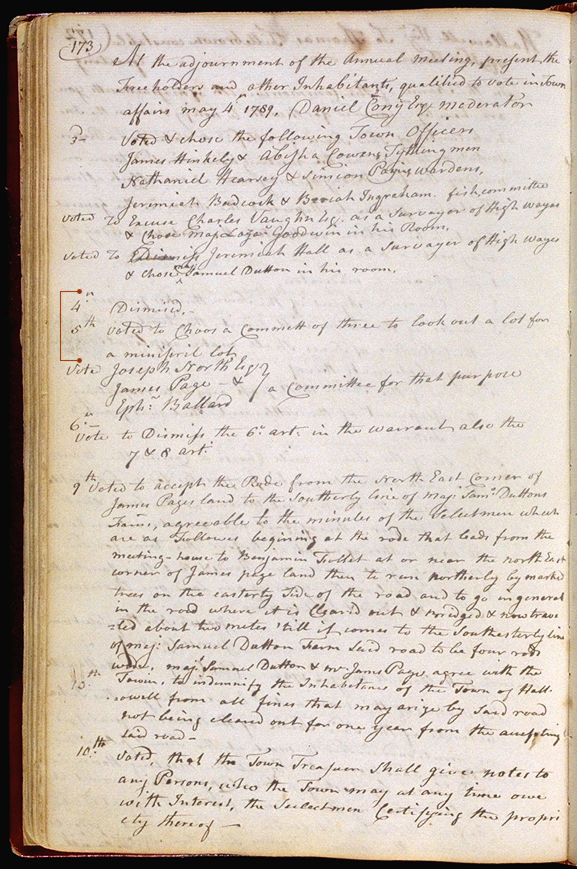 Hallowell Town Records (Original) folio 173 (May 4, 1789 meeting). Choose 'View Text' (at top) for faster download.