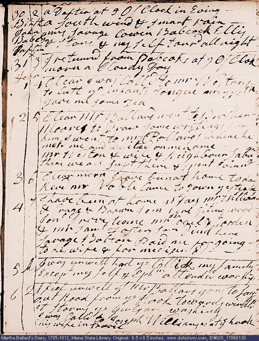 Jan. 30-Feb. 6, 1786 diary page (image, 132K). Choose 'View Text' (at left) for faster download.