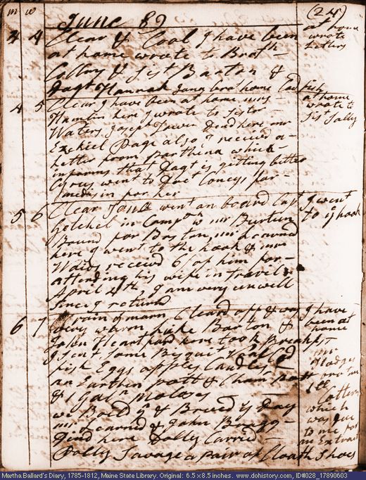 Jun. 3-6, 1789 diary page (image, 129K). Choose 'View Text' (at left) for faster download.
