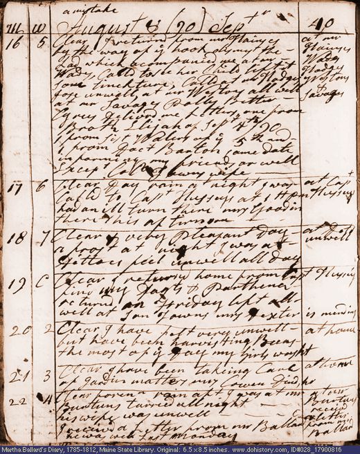 Aug. 16-21, 1790 diary page (image, 126K). Choose 'View Text' (at left) for faster download.