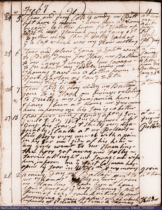 Feb. 24-28, 1791 diary page (image, 125K). Choose 'View Text' (at left) for faster download.