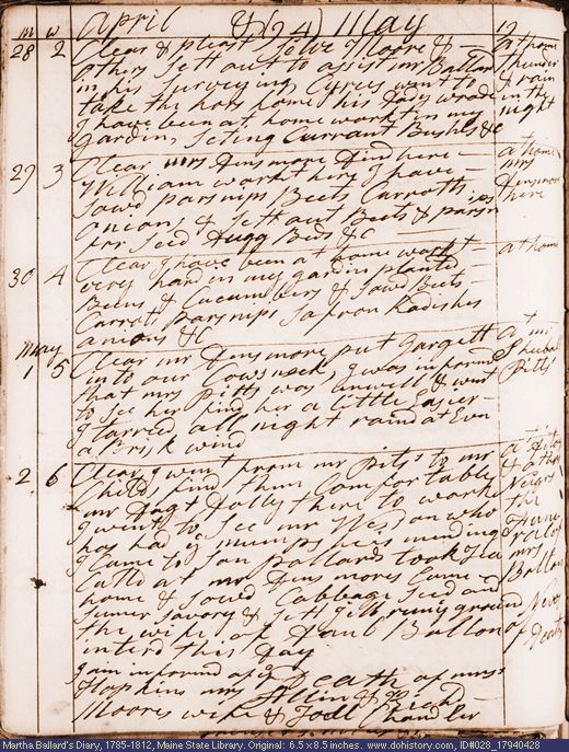 Apr. 28-May 2, 1794 diary page (image, 130K). Choose 'View Text' (at left) for faster download.