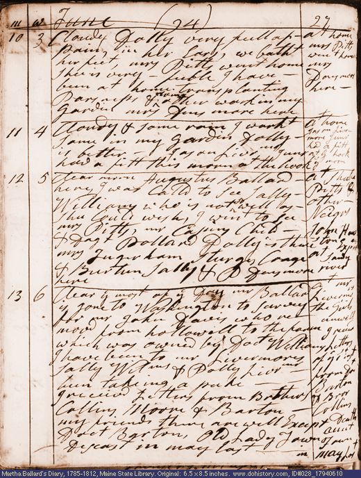 Jun. 10-13, 1794 diary page (image, 126K). Choose 'View Text' (at left) for faster download.