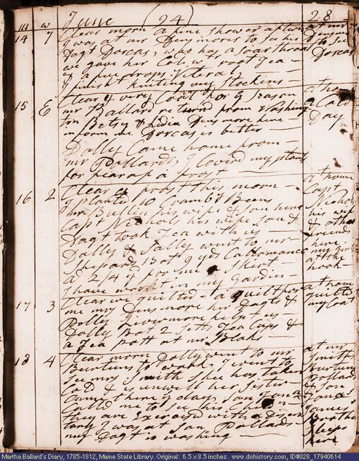 Jun. 14-18, 1794 diary page (image, 121K). Choose 'View Text' (at left) for faster download.