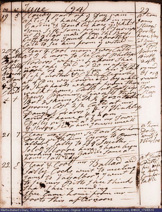 Jun. 19-22, 1794 diary page (image, 129K). Choose 'View Text' (at left) for faster download.