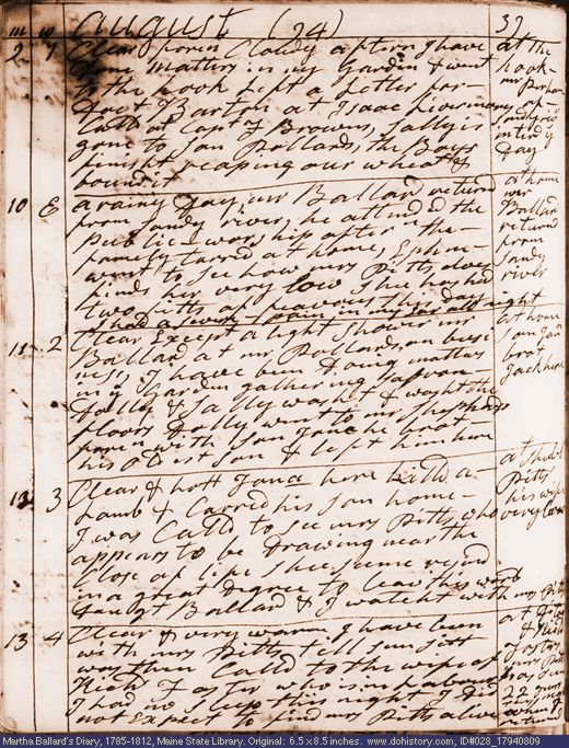 Aug. 9-13, 1794 diary page (image, 134K). Choose 'View Text' (at left) for faster download.