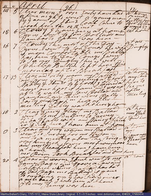 Apr. 14-20, 1796 diary page (image, 127K). Choose 'View Text' (at left) for faster download.