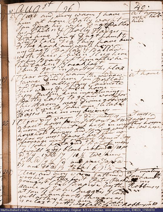 Aug. 18-21, 1796 diary page (image, 128K). Choose 'View Text' (at left) for faster download.