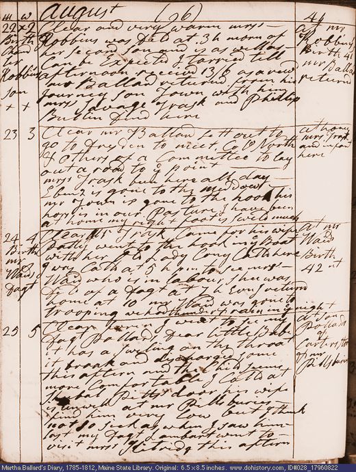 Aug. 22-25, 1796 diary page (image, 133K). Choose 'View Text' (at left) for faster download.