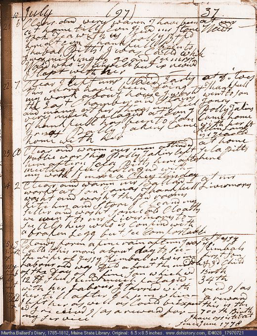 Jul. 21-25, 1797 diary page (image, 143K). Choose 'View Text' (at left) for faster download.