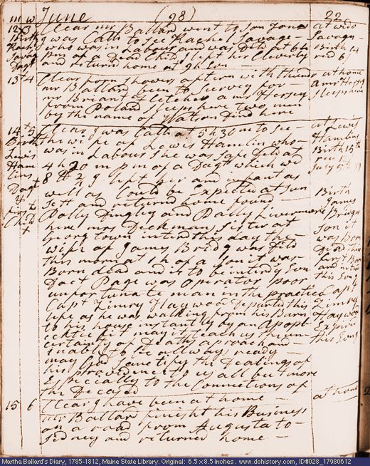Jun. 12-15, 1798 diary page (image, 127K). Choose 'View Text' (at left) for faster download.