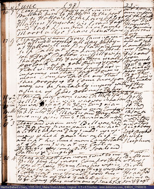 Jun. 16-20, 1798 diary page (image, 146K). Choose 'View Text' (at left) for faster download.