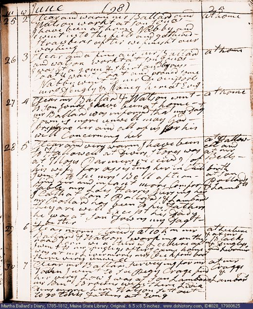 Jun. 25-30, 1798 diary page (image, 129K). Choose 'View Text' (at left) for faster download.