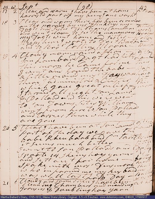Sep. 17-21, 1798 diary page (image, 108K). Choose 'View Text' (at left) for faster download.