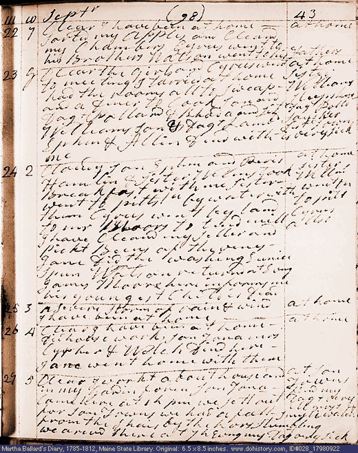 Sep. 22-27, 1798 diary page (image, 126K). Choose 'View Text' (at left) for faster download.