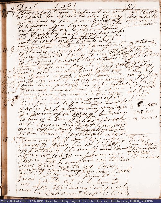 Dec. 15-18, 1798 diary page (image, 120K). Choose 'View Text' (at left) for faster download.