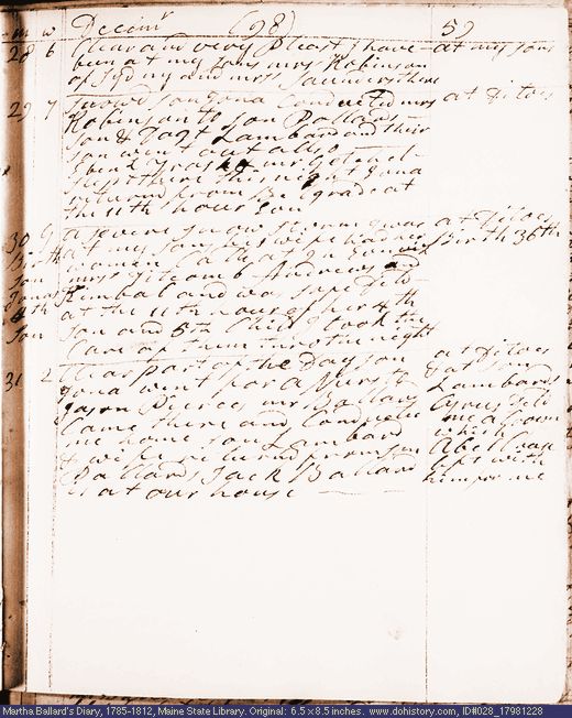 Dec. 28-31, 1798 diary page (image, 84K). Choose 'View Text' (at left) for faster download.