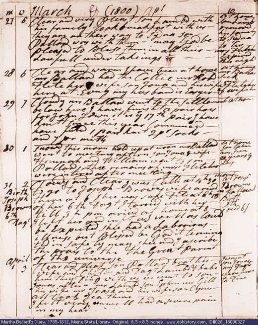Mar. 27-Apr. 1, 1800 diary page (image, 126K). Choose 'View Text' (at left) for faster download.