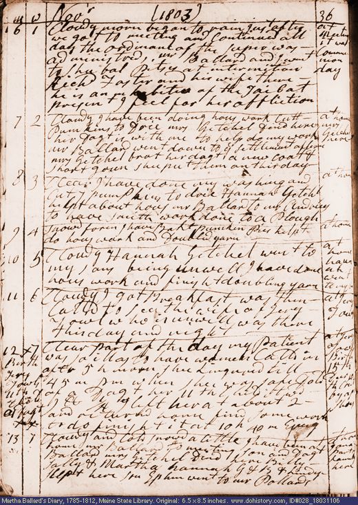 Nov. 6-13, 1803 diary page (image, 142K). Choose 'View Text' (at left) for faster download.