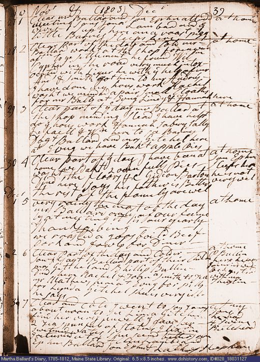 Nov. 27-Dec. 3, 1803 diary page (image, 145K). Choose 'View Text' (at left) for faster download.