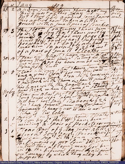 Jan. 28-Feb. 3, 1805 diary page (image, 130K). Choose 'View Text' (at left) for faster download.