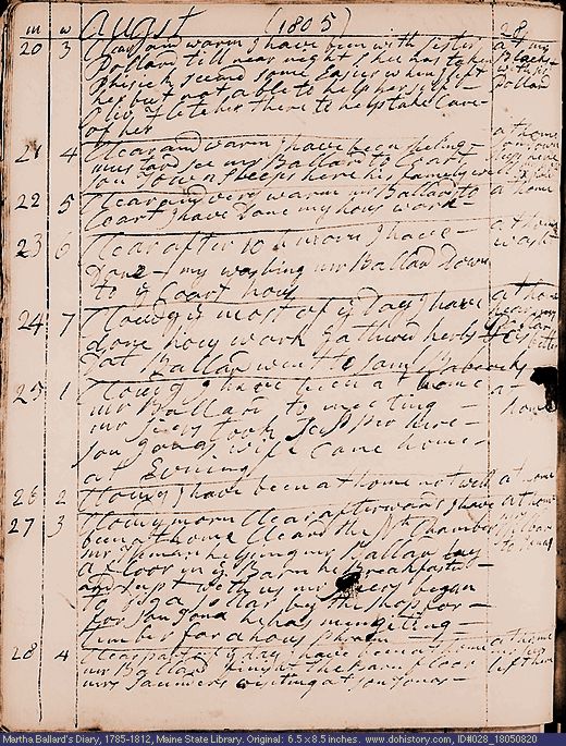 Aug. 20-28, 1805 diary page (image, 137K). Choose 'View Text' (at left) for faster download.