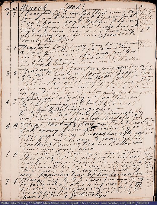 Mar. 1-7, 1806 diary page (image, 138K). Choose 'View Text' (at left) for faster download.