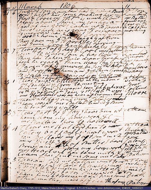 Mar. 21-27, 1806 diary page (image, 142K). Choose 'View Text' (at left) for faster download.