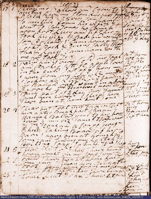 May 17-23, 1807 diary page (image, 122K). Choose 'View Text' (at left) for faster download.