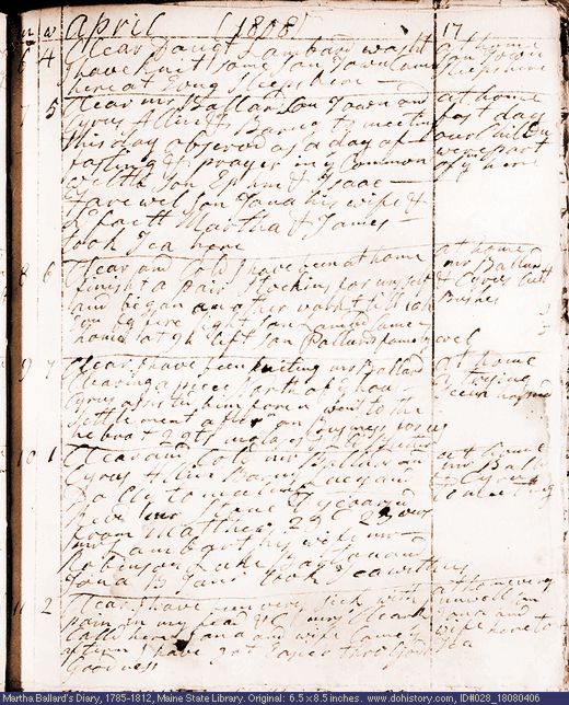 Apr. 6-11, 1808 diary page (image, 108K). Choose 'View Text' (at left) for faster download.