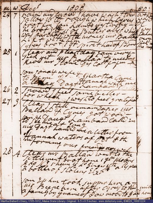 Dec. 24-28, 1808 diary page (image, 122K). Choose 'View Text' (at left) for faster download.